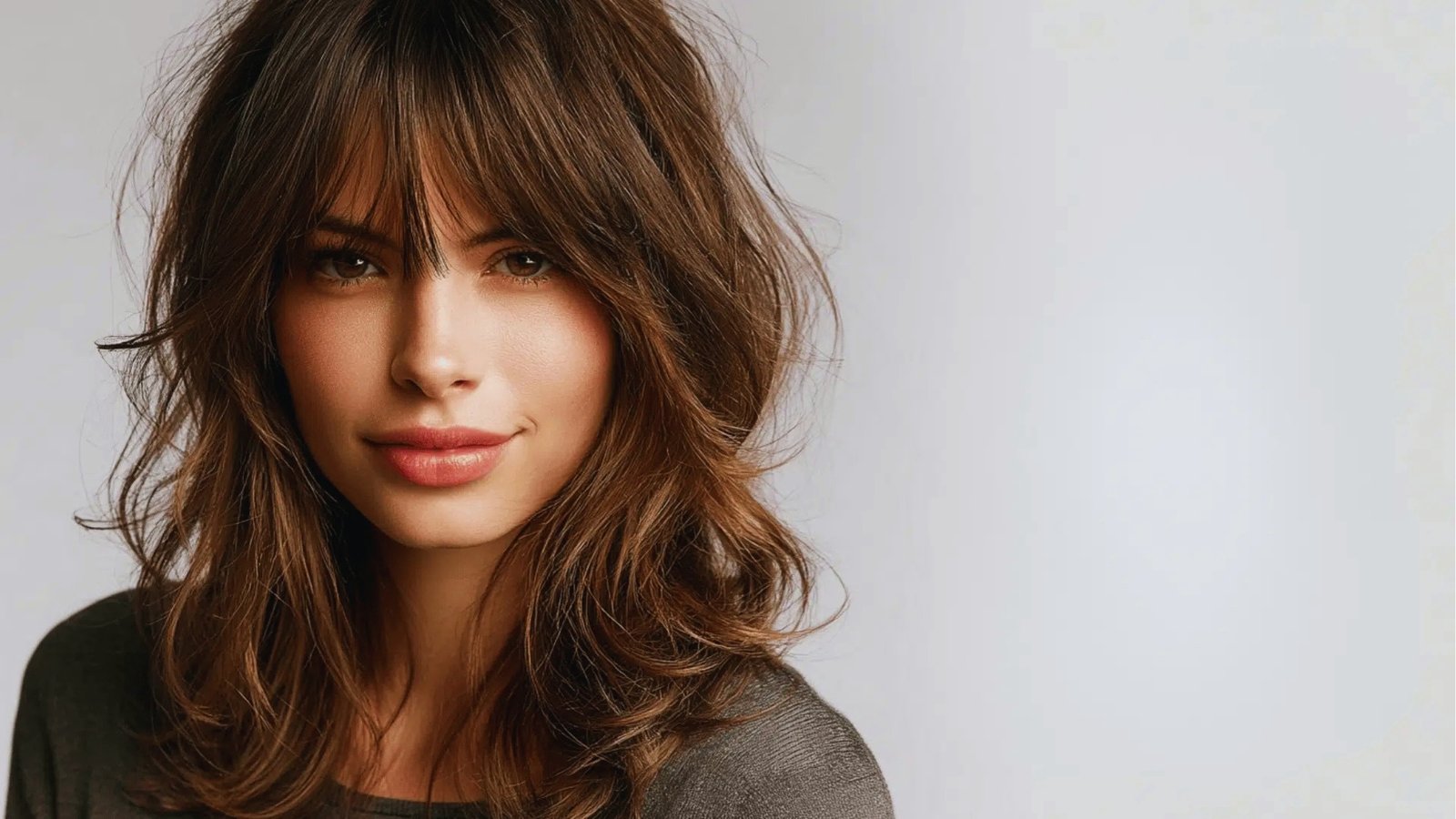 Smooth shoulder length bob haircut with blunt cut and center part on glossy dark brown hair