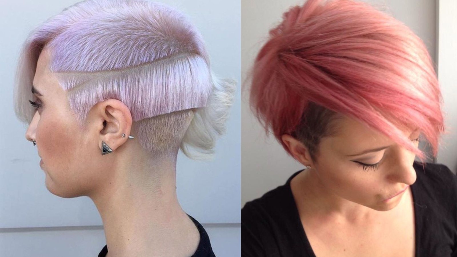 Split image of two women with creative pastel undercuts. The left features lavender hair with geometric lines shaved. Right shows a pink pixie with a deep side-swept fringe and buzzed undercut beneath.
