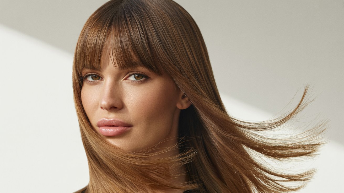 A woman with long brown hair and curtain bangs