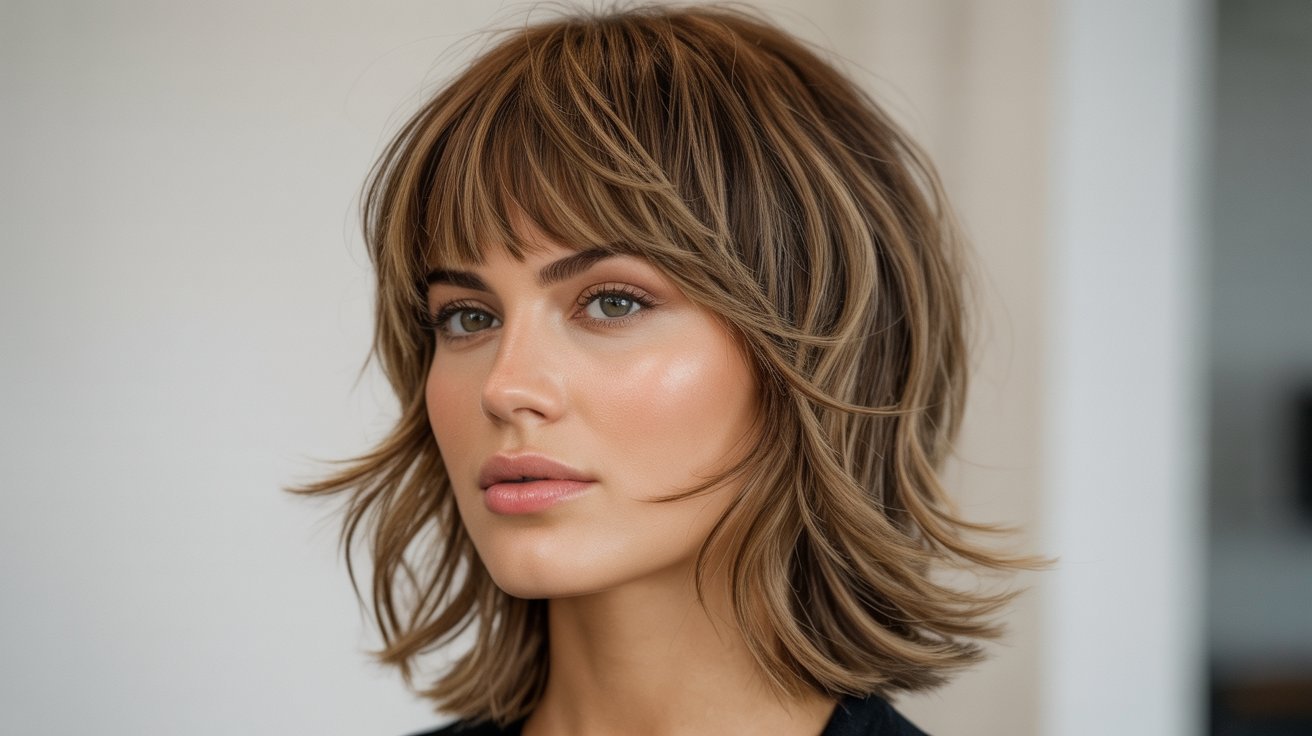 A woman with a short, wavy bob haircut and textured bangs, showcasing a stylish and modern look