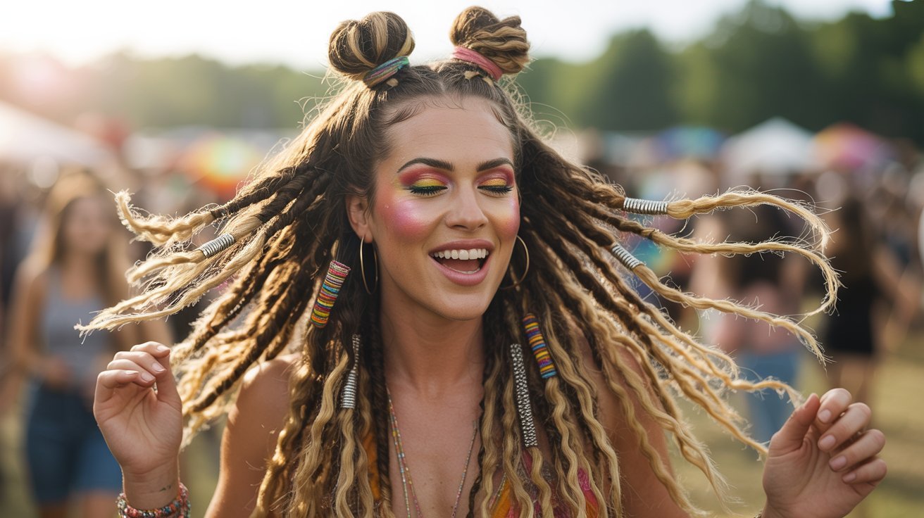 A woman with faux locs enjoys a vibrant atmosphere at a lively music festival, surrounded by colorful decorations and crowds.