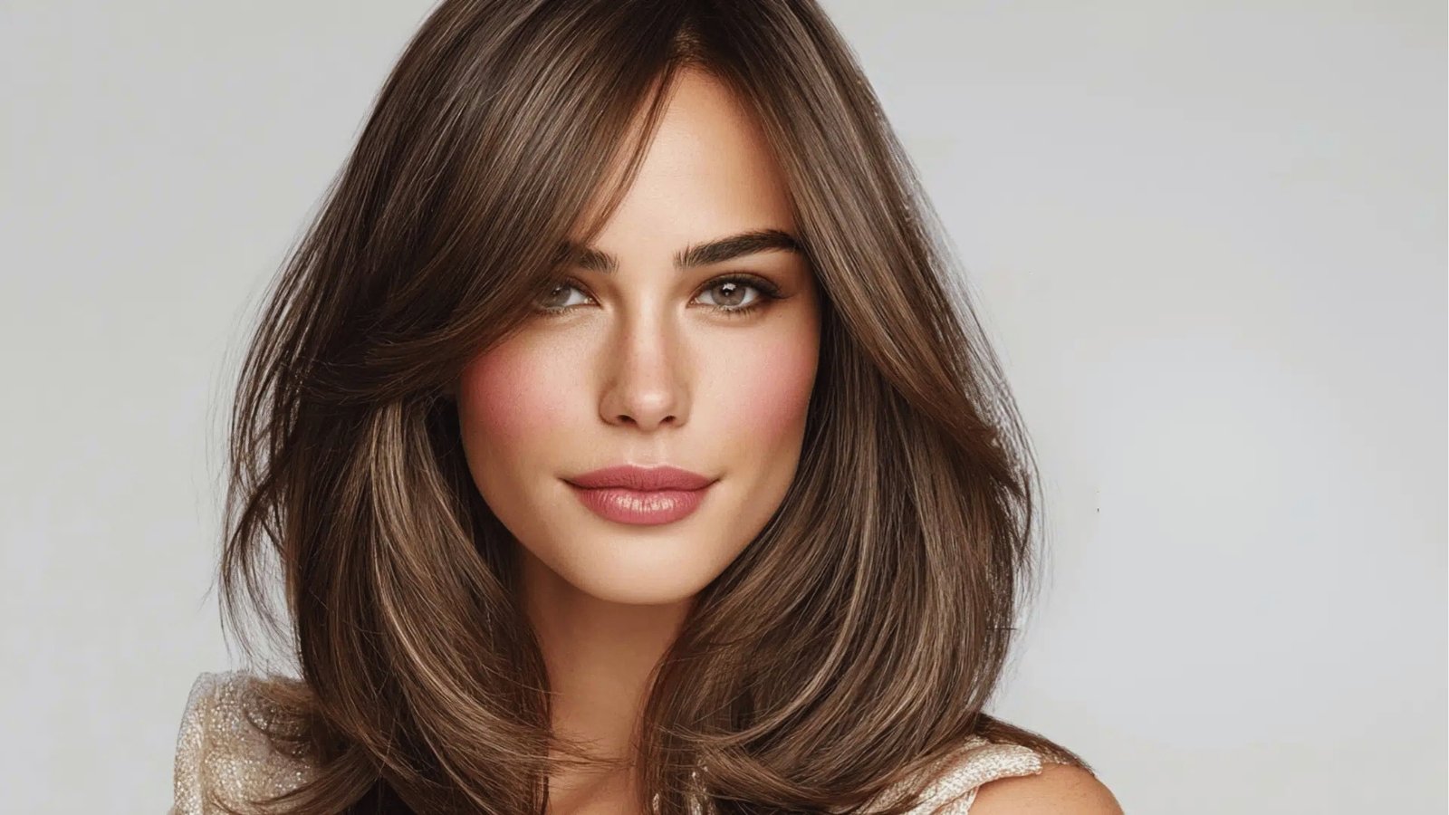 Layered shoulder length haircut with side-swept bangs and face-framing highlights on smooth medium brown hair