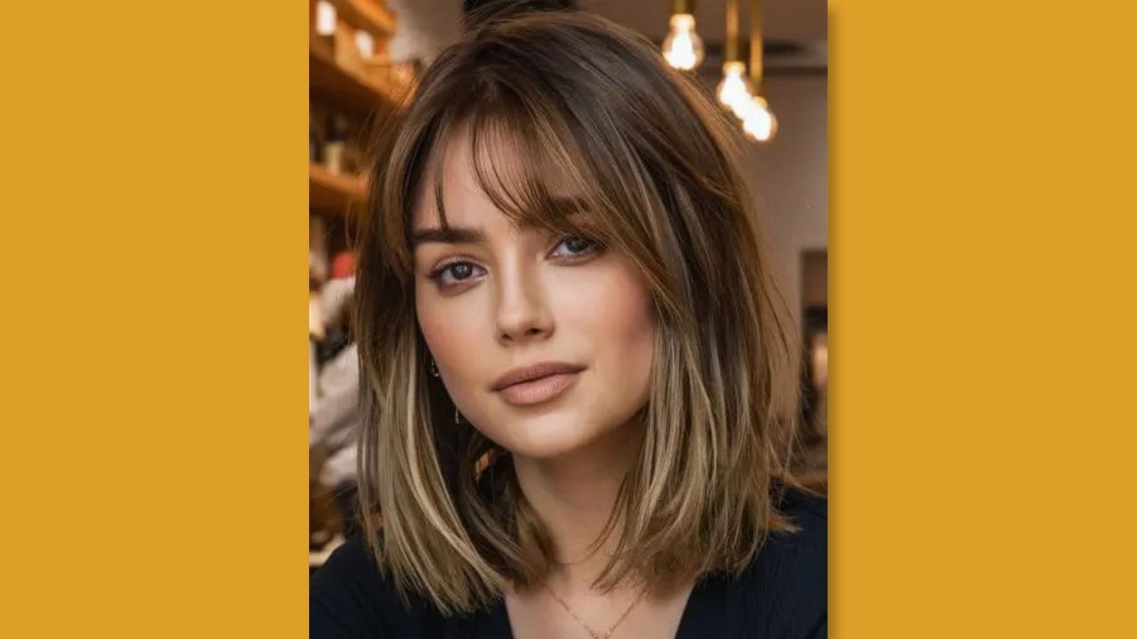 Low maintenance layered medium length haircut with wispy bangs and choppy face-framing layers on dimensional blonde hair for round face
