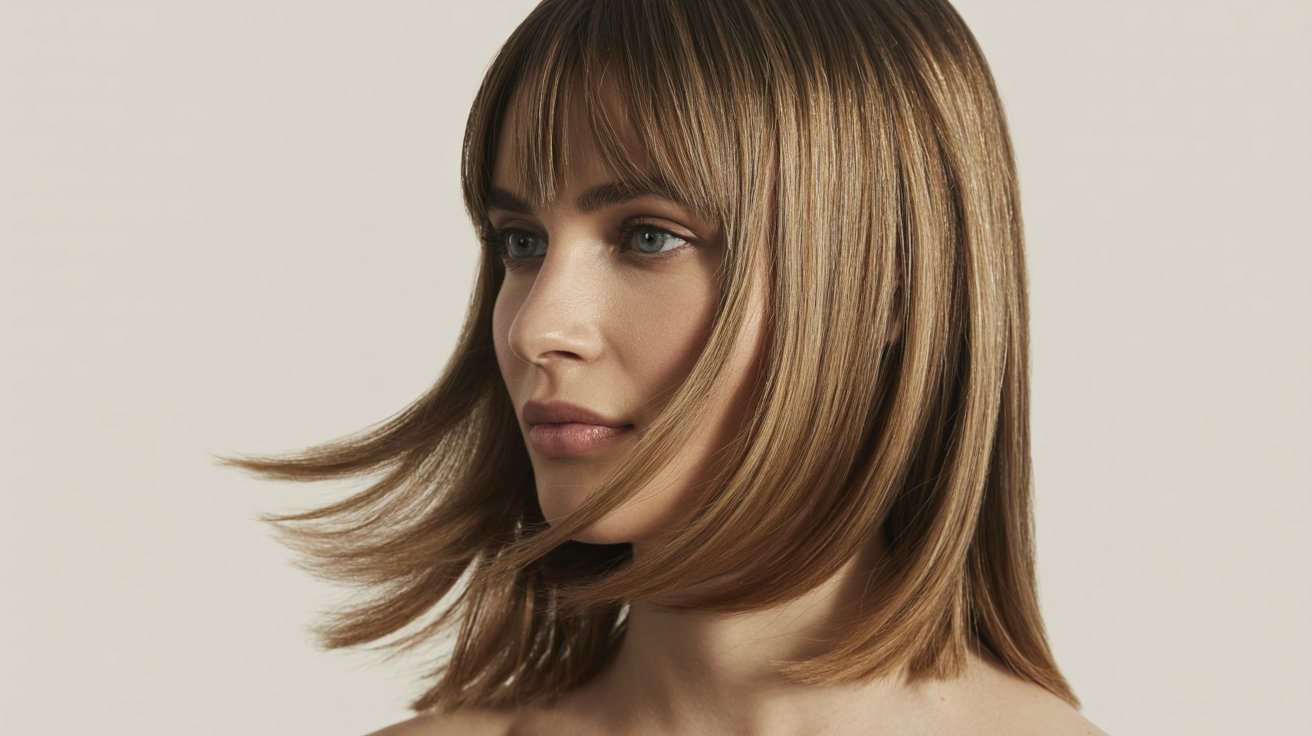A woman with a long, straight bob hairstyle featuring off-center curtain bangs and long layers.
