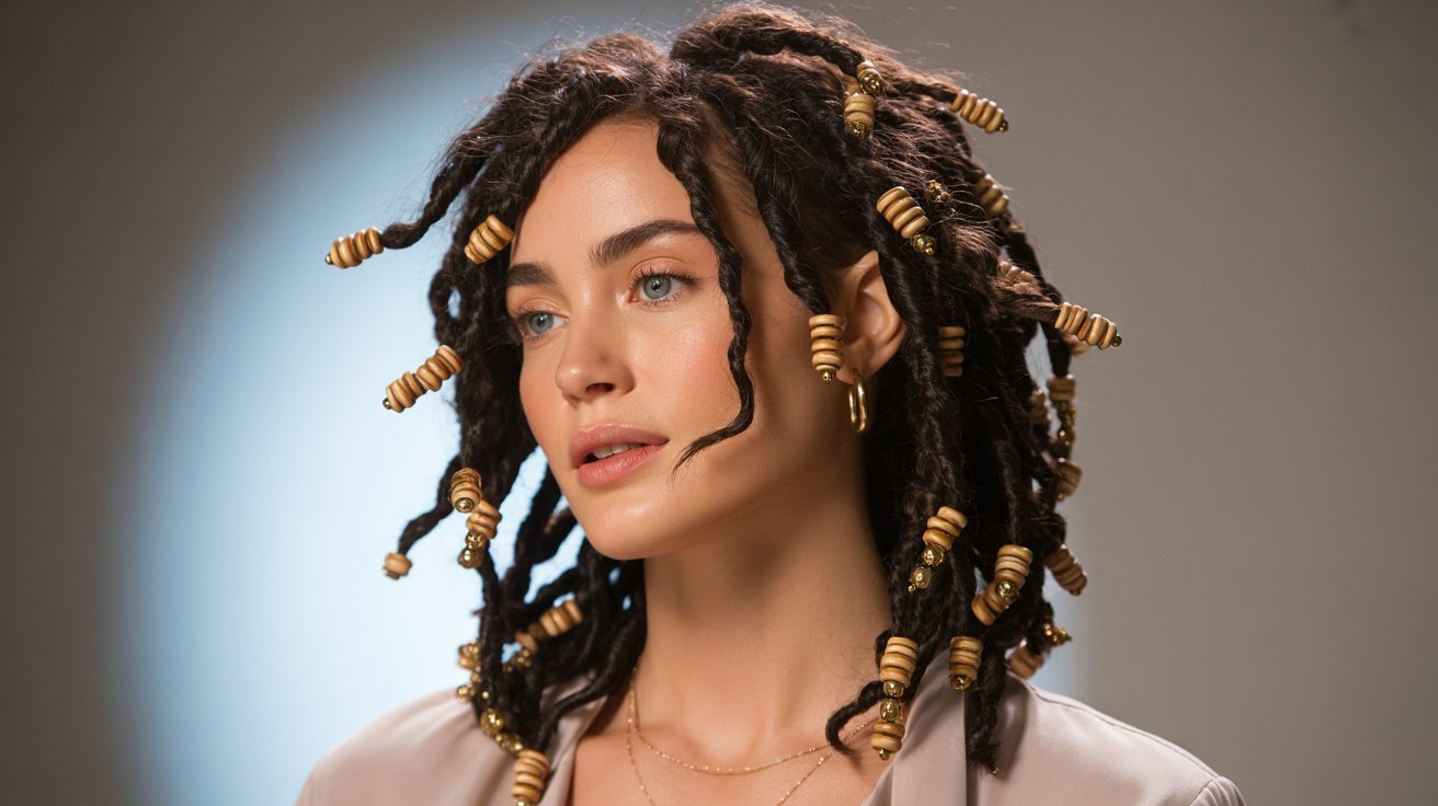A woman with faux locs adorned with beads and wearing gold jewelry, showcasing a stylish hair ideas look.