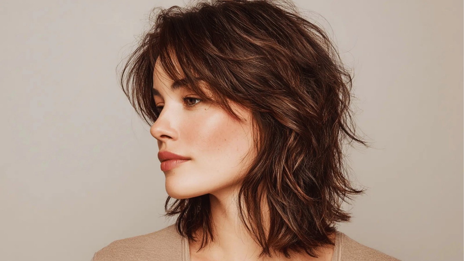 Back view of wavy shoulder length haircut with soft layered waves on golden blonde hair