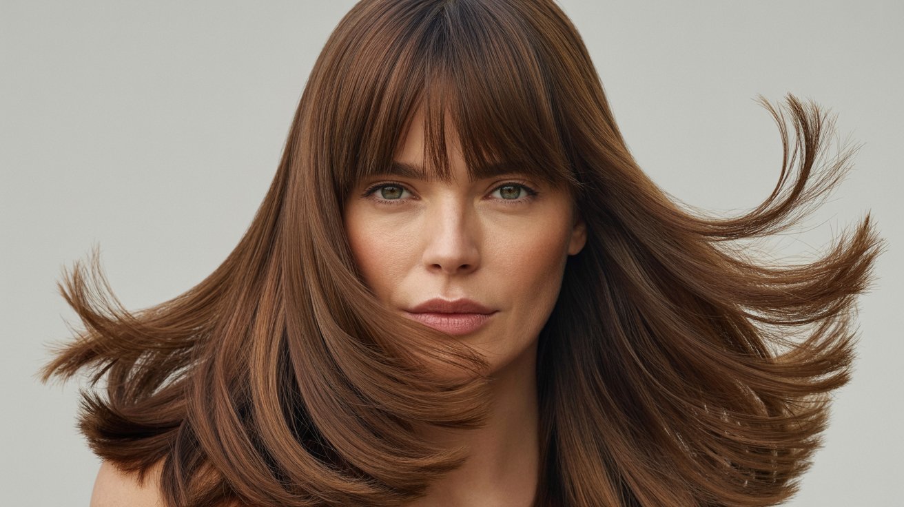 A woman with long brown hair styled in layers and curtain bangs, wearing a brown top.
