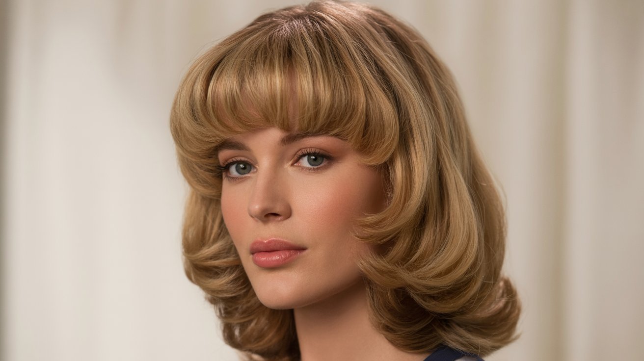 A woman with a blonde bob and 90s round brush bangs, dressed in a blue shirt, looking confidently at the viewer.
