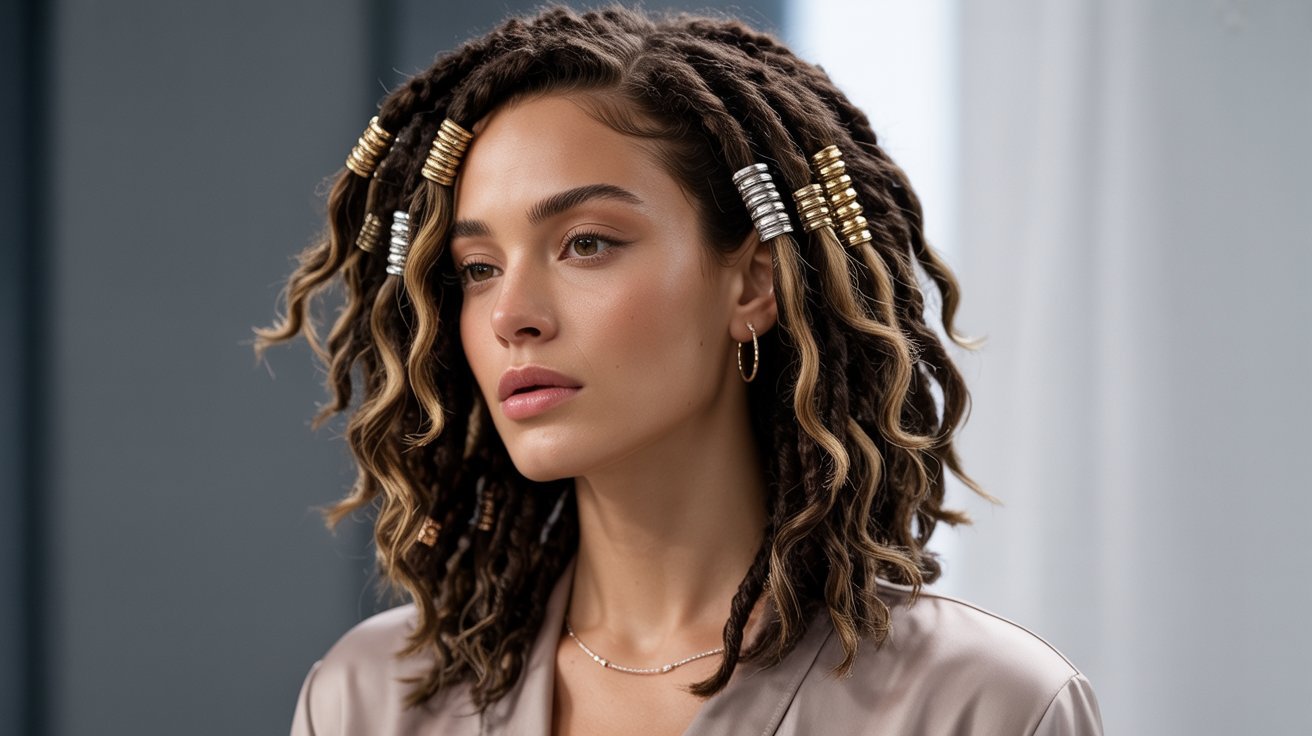 A woman with long blonde faux locs and a gold chain, showcasing a stylish hair ideas look.