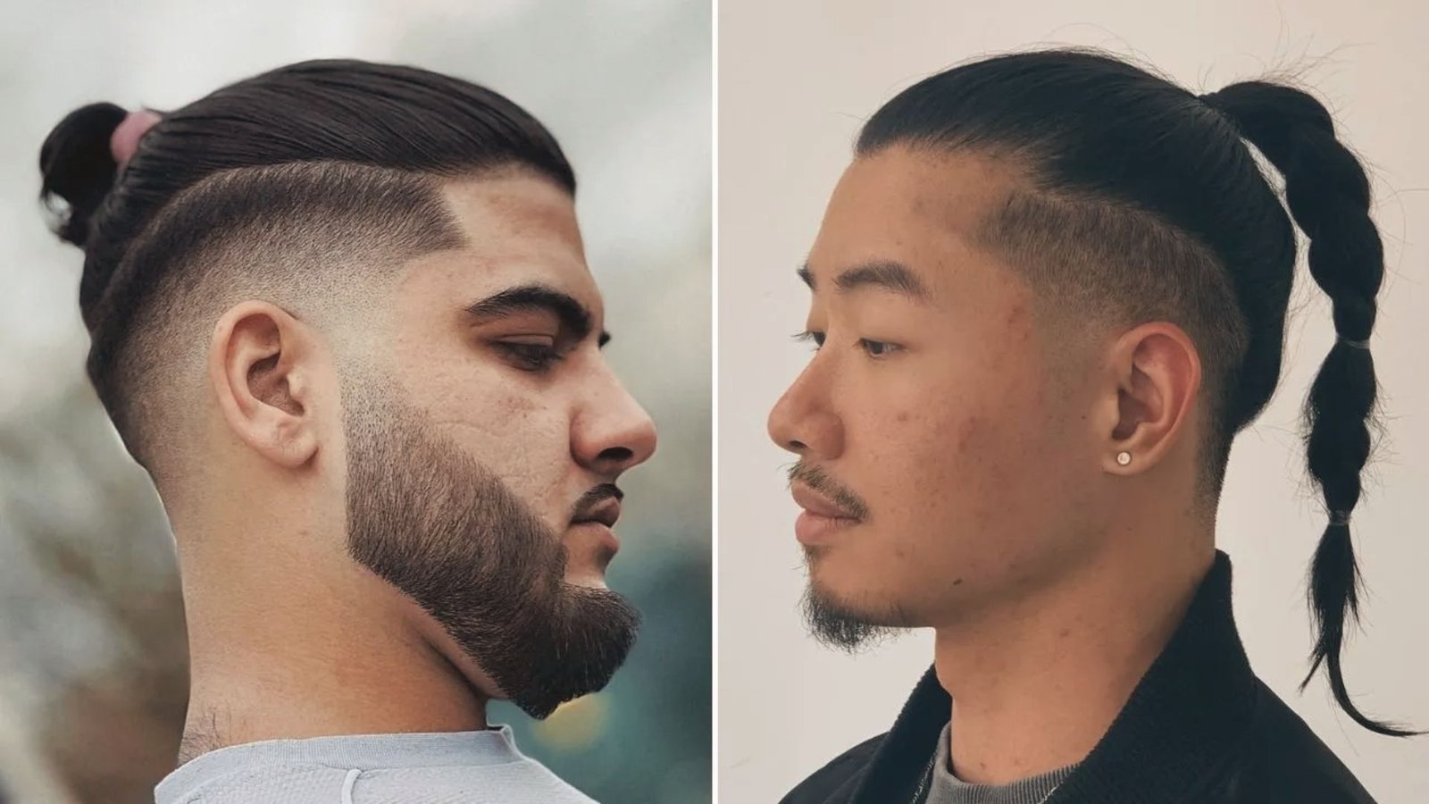 Two images of a man with a ponytail, showcasing a disconnected undercut fade with a perfect design.