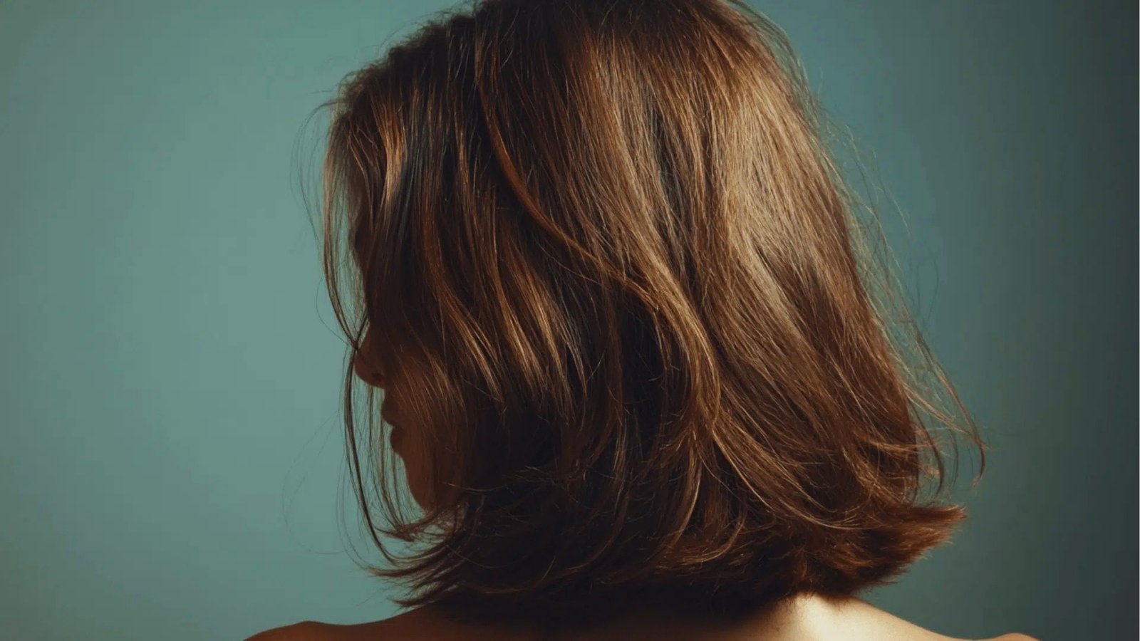: Back view of layered wavy shoulder length haircut with soft texture on auburn brown hair