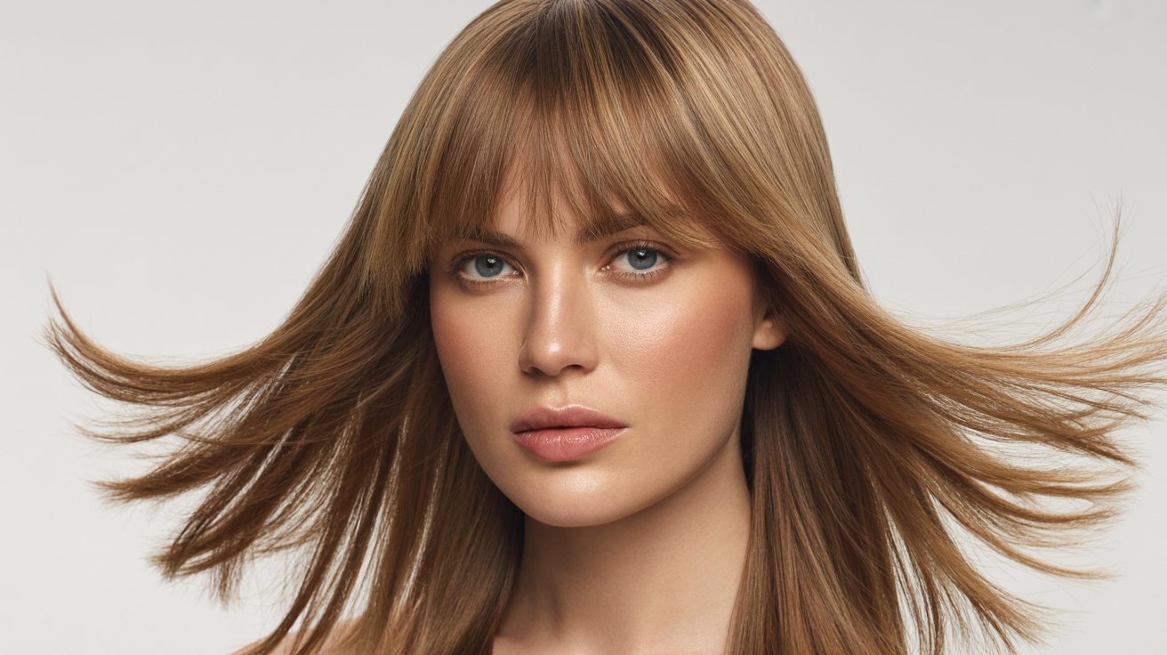 A woman with long, feathered hair and soft curtain bangs.
