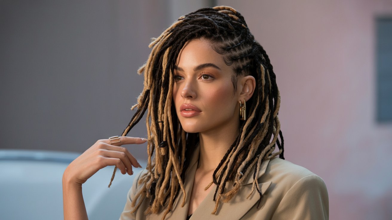 A woman with dreadlocks wearing a tan jacket, showcasing a trendy faux locs hairstyle for ideas.