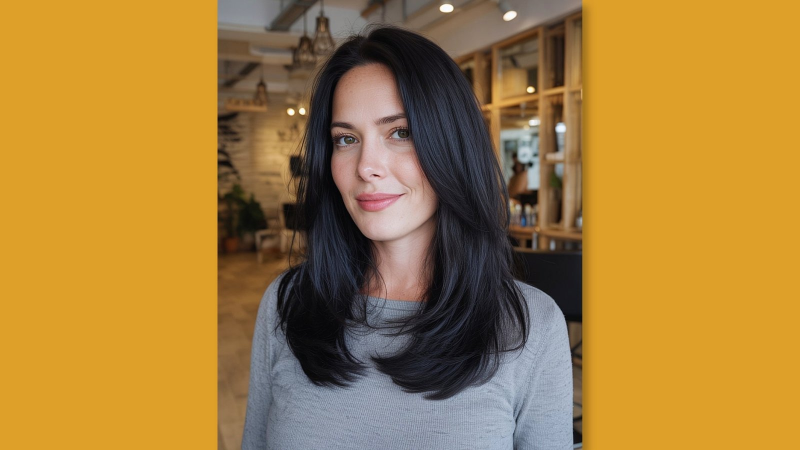 Low maintenance layered medium length haircut with long face-framing layers and smooth finish on glossy black hair for round face 
