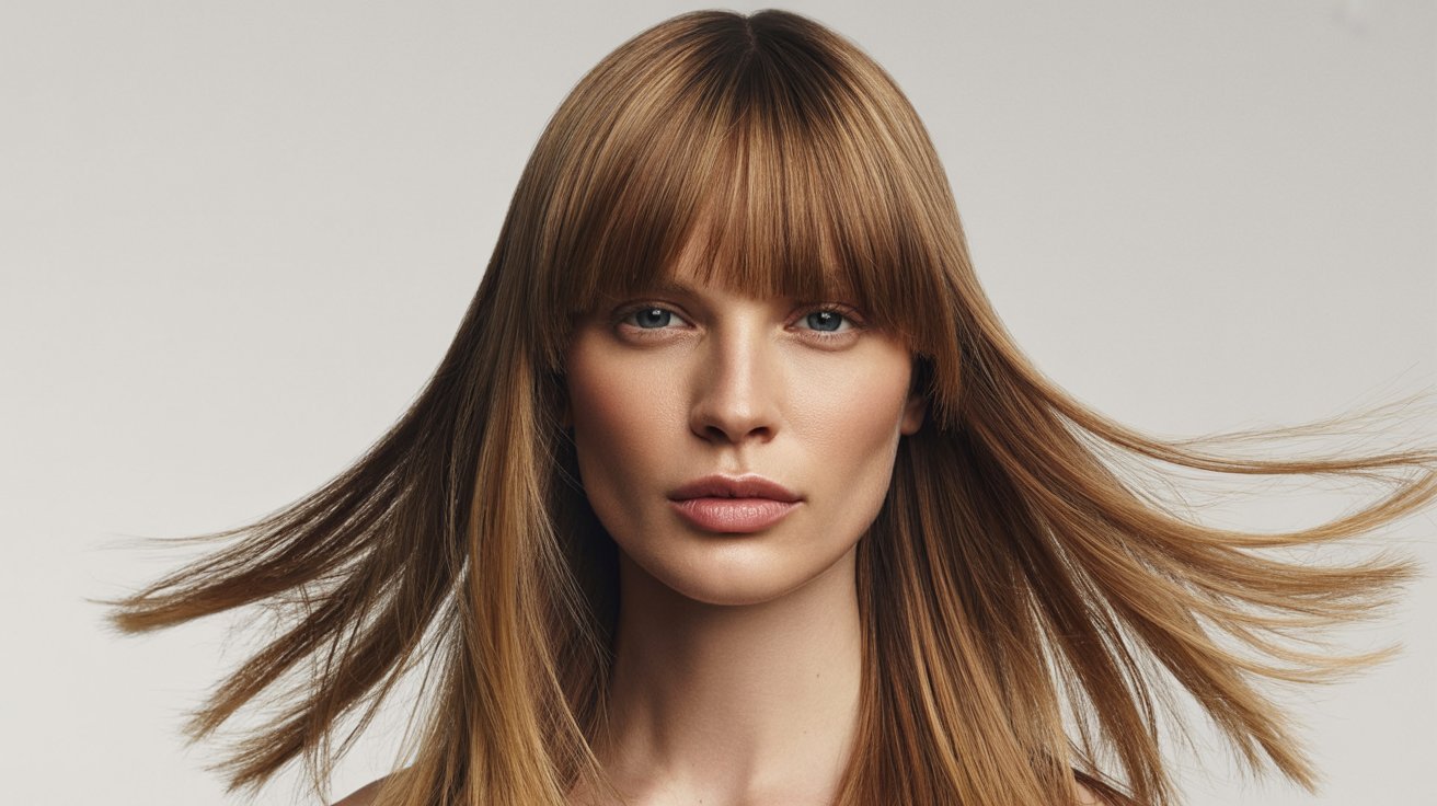 A woman with long hair featuring subtle face-framing layers and curtain bangs, styled elegantly.
