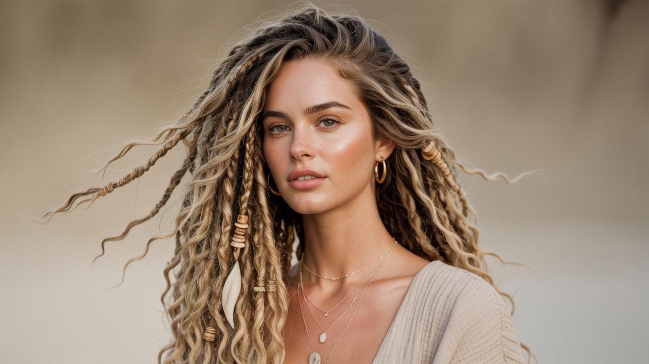 A beautiful woman with long dreadlocks styled in a beachy boho look, showcasing a trendy faux locs hairstyle.