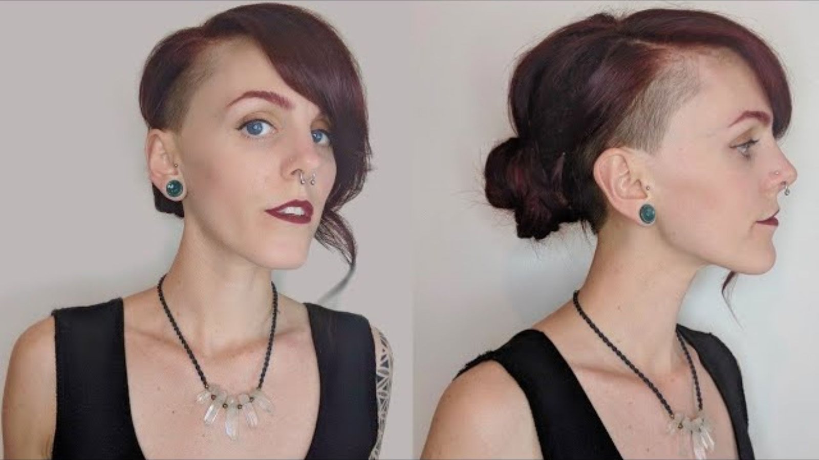 Front and side view of a woman with burgundy hair in a low bun. The deep side part reveals a shaved undercut above the ear, blending edgy and proper.