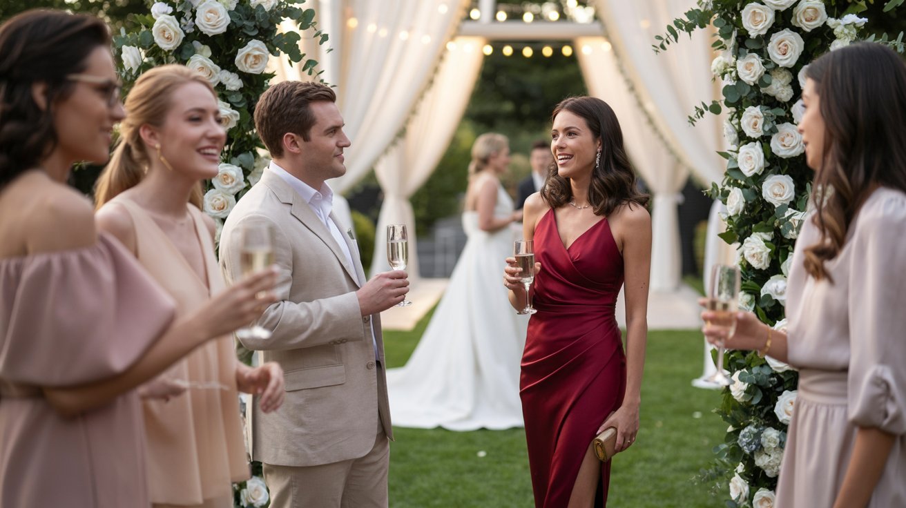A joyful wedding scene with elegantly dressed guests in conversation, holding champagne. A woman in a red dress stands out. White floral arch in the background.