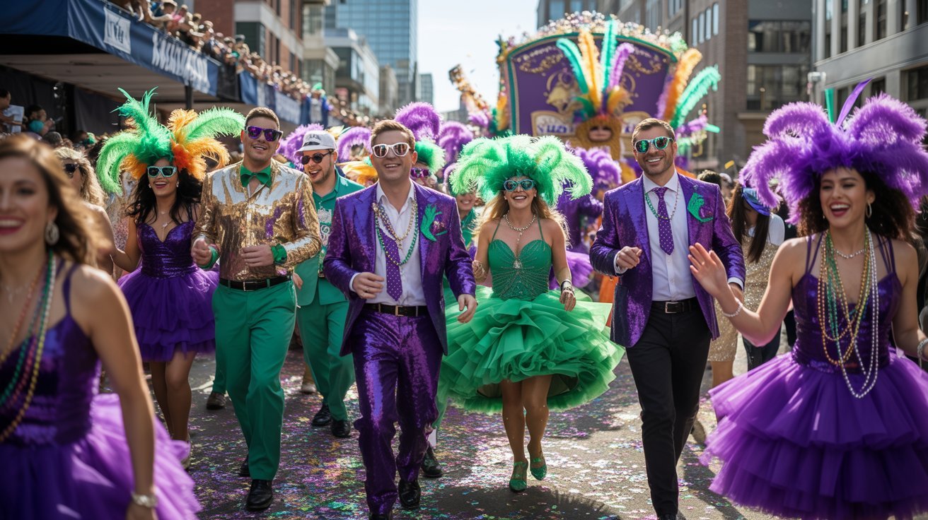 A vibrant Mardi Gras parade with people in purple and green outfits, wearing feathered headdresses and beads, exuding joy and festivity.