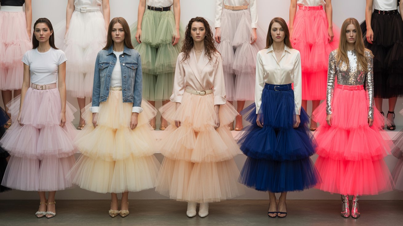 Five models stand in tiered tulle skirts in pastel shades and vibrant pink. They wear diverse tops, exuding a chic and creative fashion vibe.