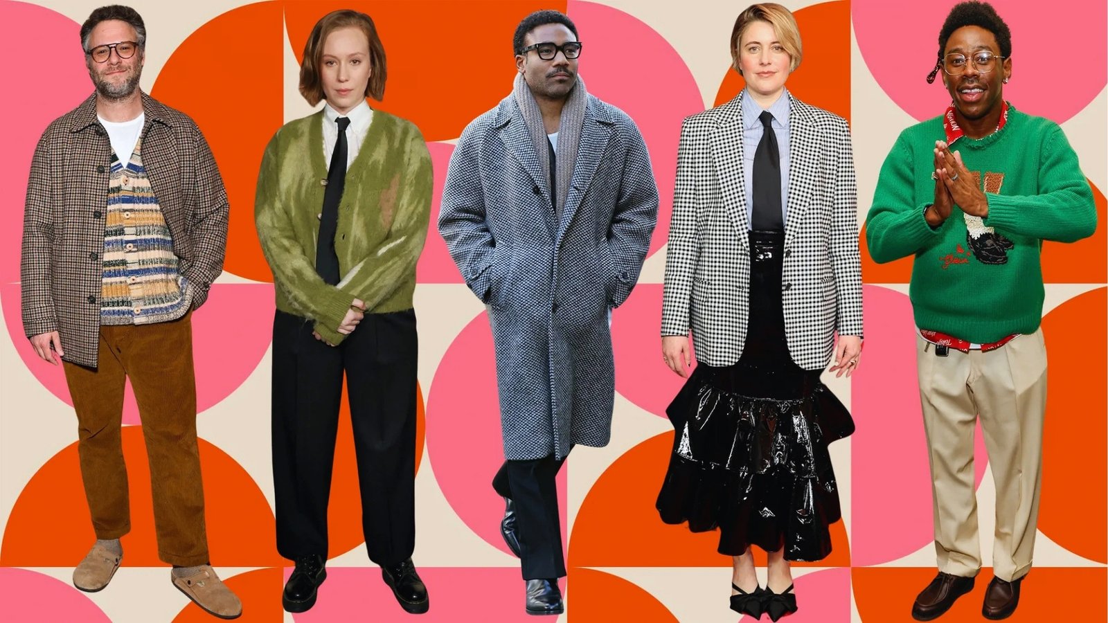 Five diverse individuals stand in front of a retro-patterned backdrop, each showcasing unique styles, from casual and eclectic to formal and chic.