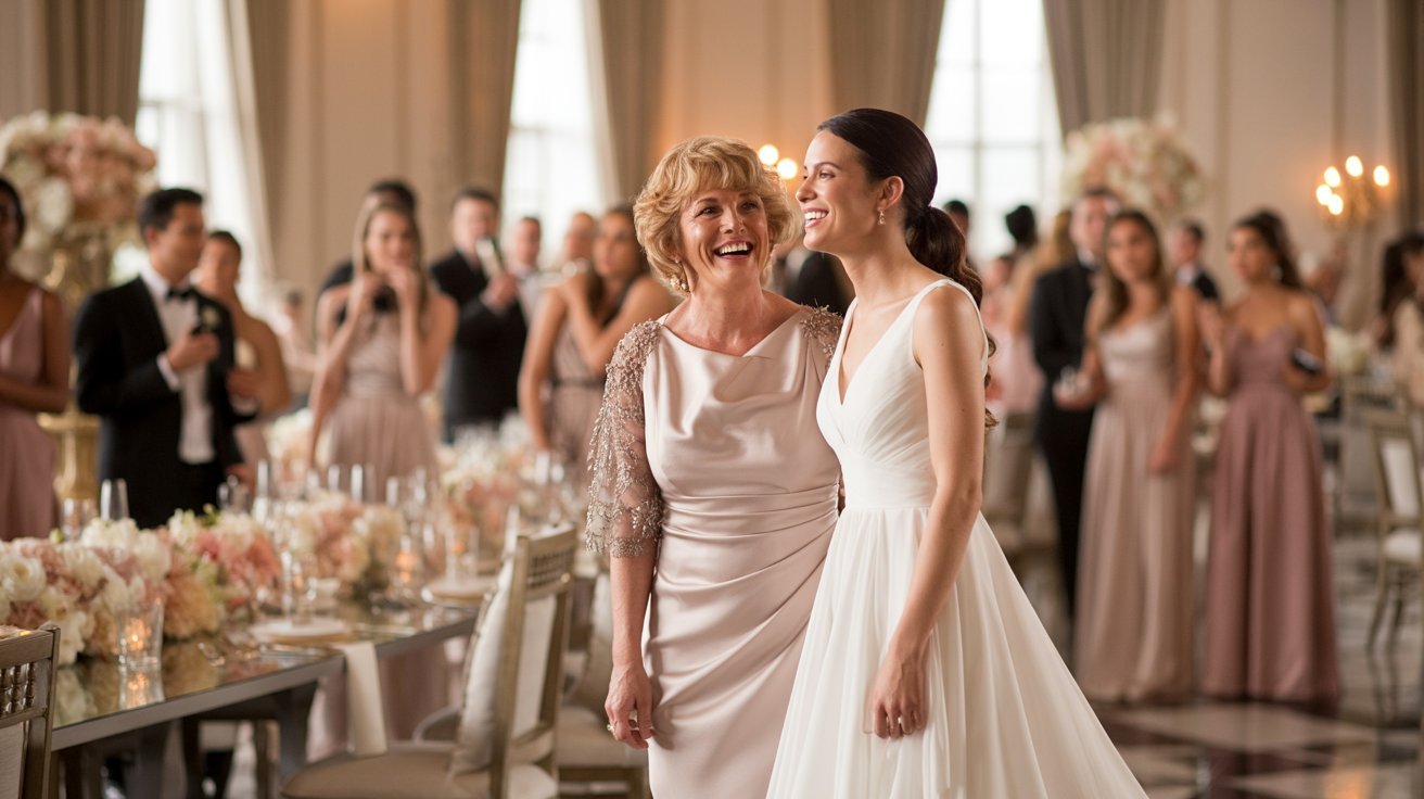 A bride in a white gown and an older woman in an elegant dress smile joyfully at a wedding reception. Guests in formal attire applaud in the background.