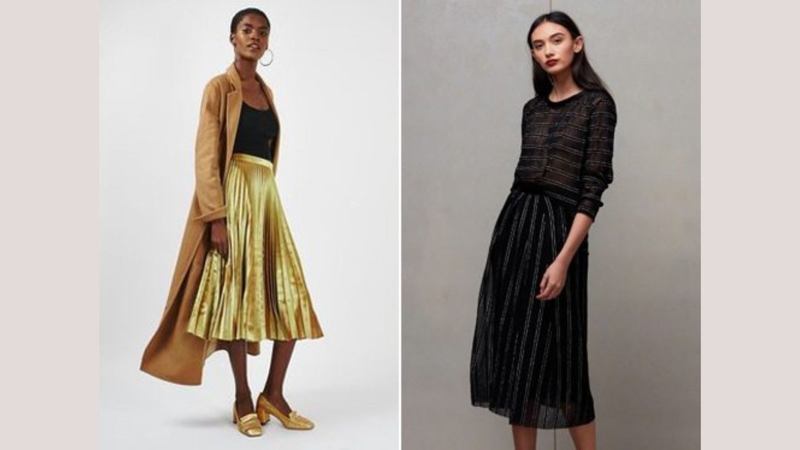 Two women in stylish outfits. Left: Wearing a golden pleated skirt, black top, camel coat, gold shoes. Right: In a black sheer blouse, sparkly skirt.