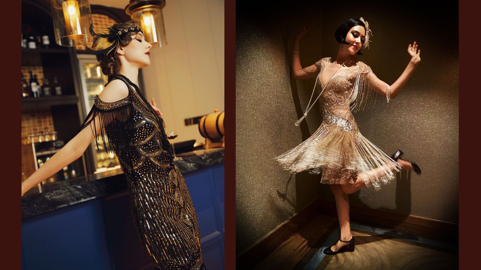 Two women in 1920s flapper dresses strike vibrant, joyful poses. One wears a black beaded dress, the other a shimmering fringe dress. Elegant, lively scene.