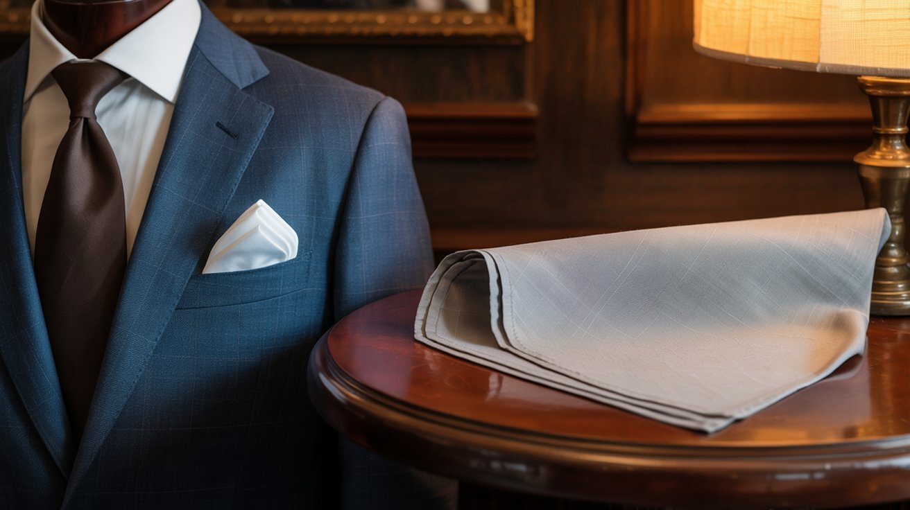 A tailored blue suit on a mannequin with a white pocket square is beside a neatly folded cloth on a wooden table. Warm lighting adds an elegant ambiance.