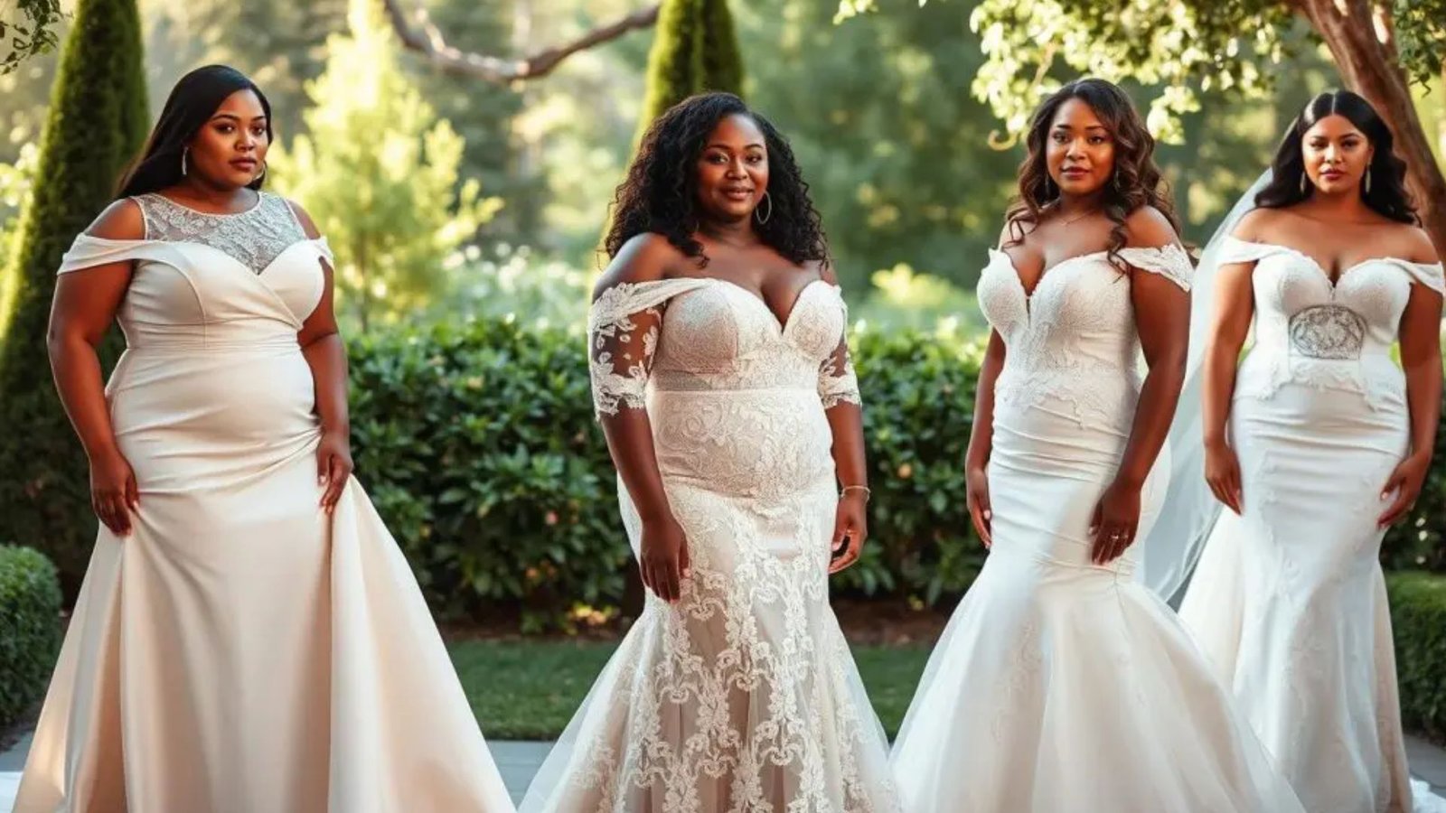 Four women in elegant white bridal gowns stand outdoors, surrounded by lush greenery. Each dress is uniquely styled, emphasizing confidence and joy.