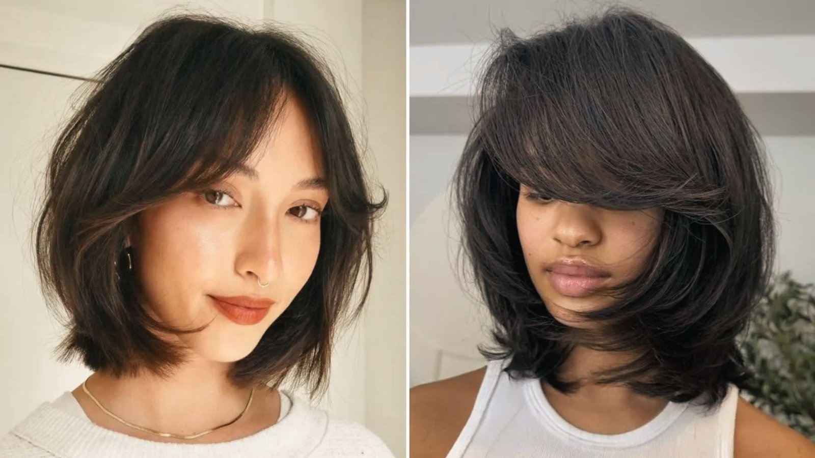 Two images of a woman showcasing a short butterfly cut hairstyle.
