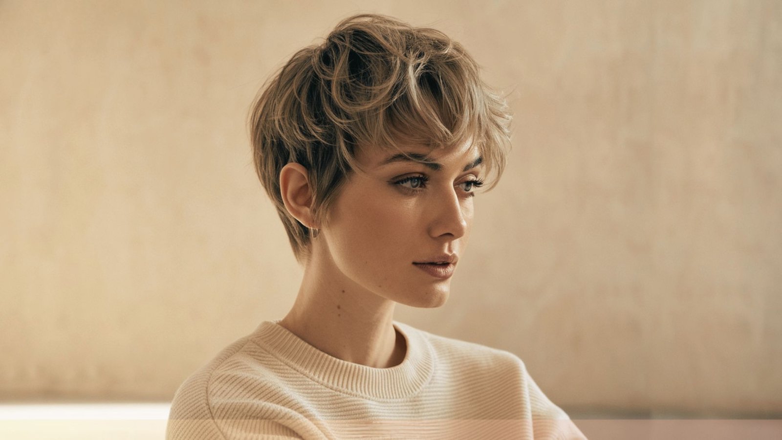 A woman with short, wavy shaggy pixie hair, highlighting her natural hair texture and relaxed demeanor.