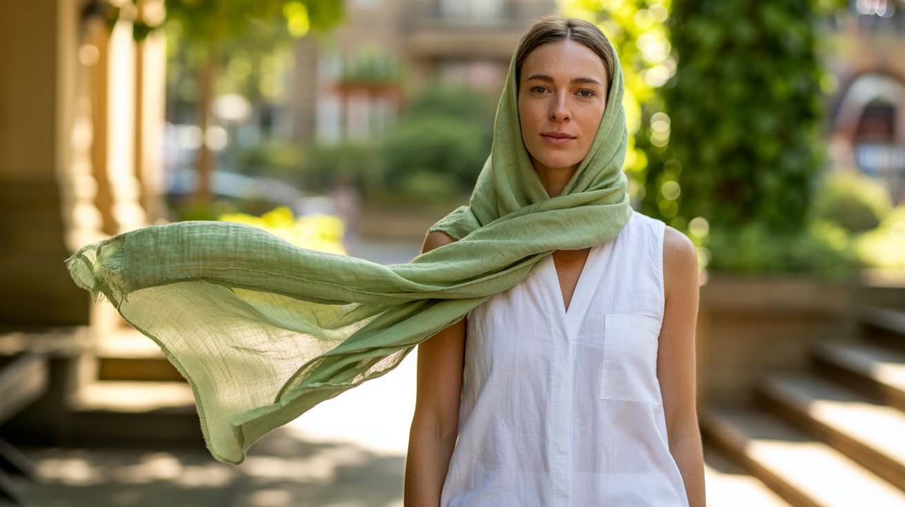 A woman in a white sleeveless top stands outdoors, wearing a green scarf that flows in the breeze. The background shows blurred greenery and buildings.