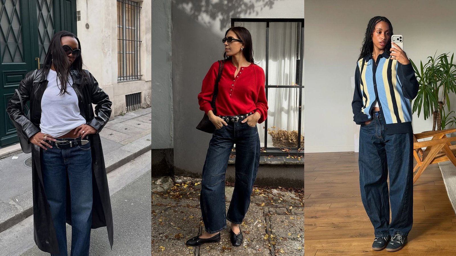 Three women showing casual everyday comfort outfits for moms. All wear jeans with layered tops: leather trench coat, red henley sweater, and striped cardigan.