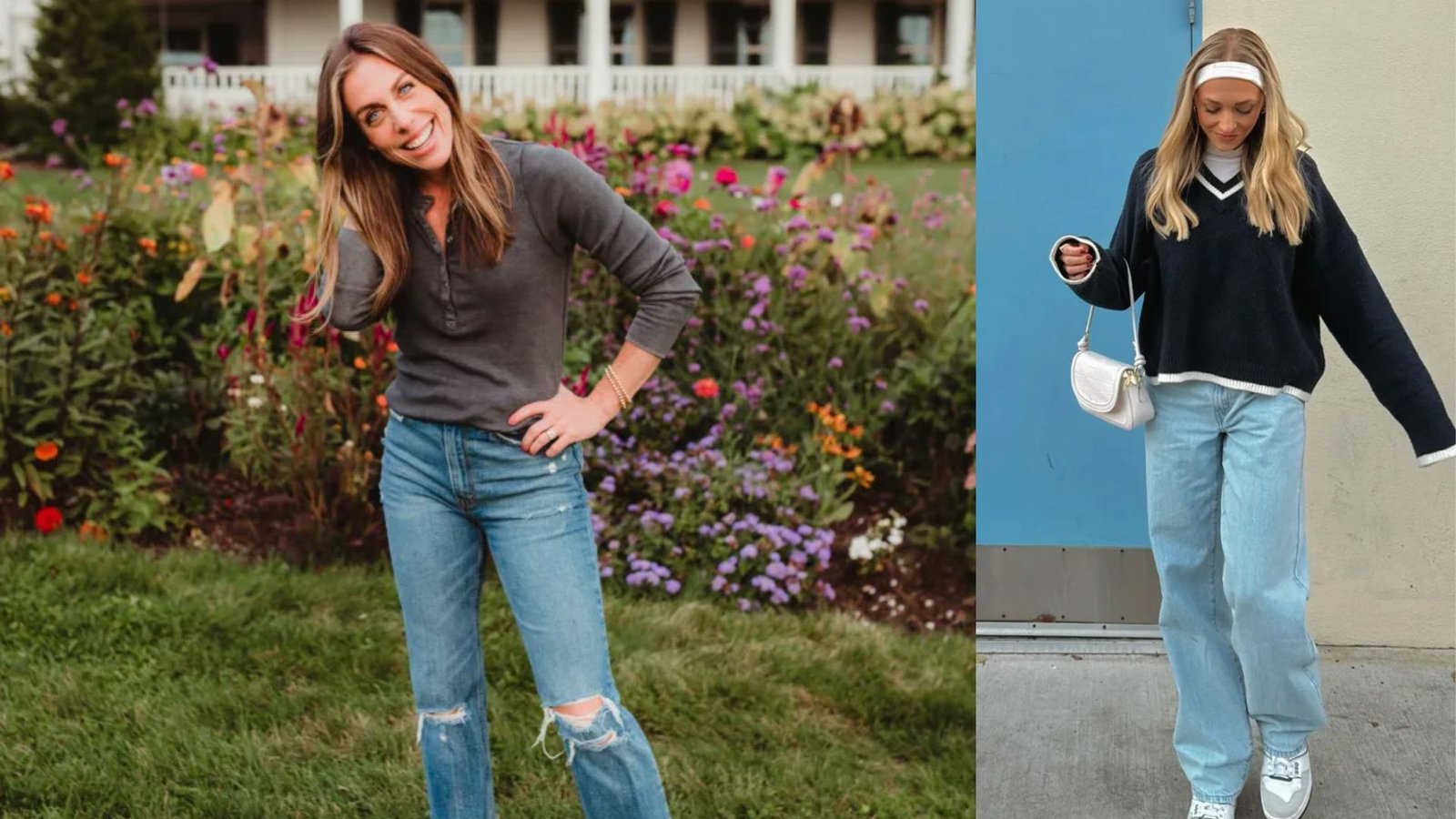 Two 90s mom looks: Left in gray henley and ripped jeans outdoors. Right in an oversized navy sweater, baggy jeans, headband, and white sneakers.