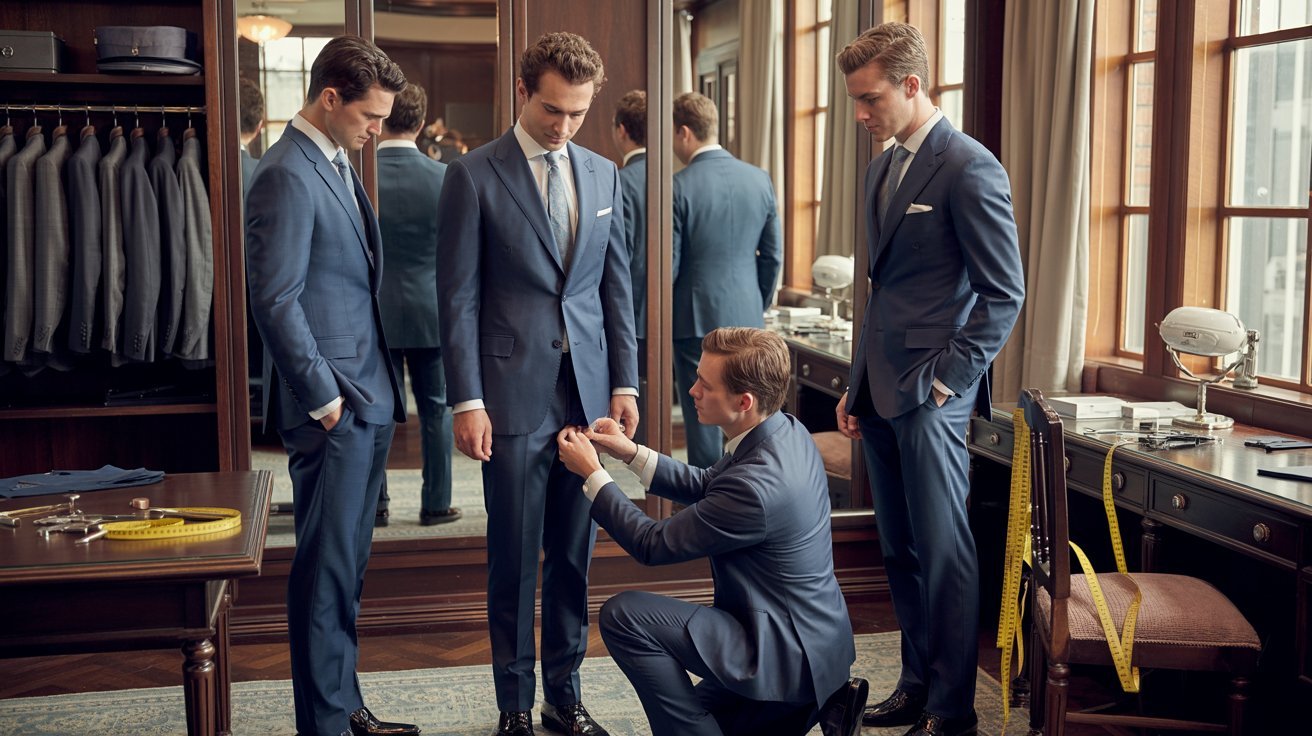 Three men in elegant blue suits stand in a tailor shop. One man kneels, adjusting another's trousers. The setting feels refined and professional.