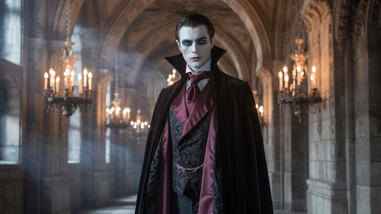 A dramatic vampire in a grand hall, adorned with chandeliers, showcasing gothic attire with capes, fangs, and red accents.
