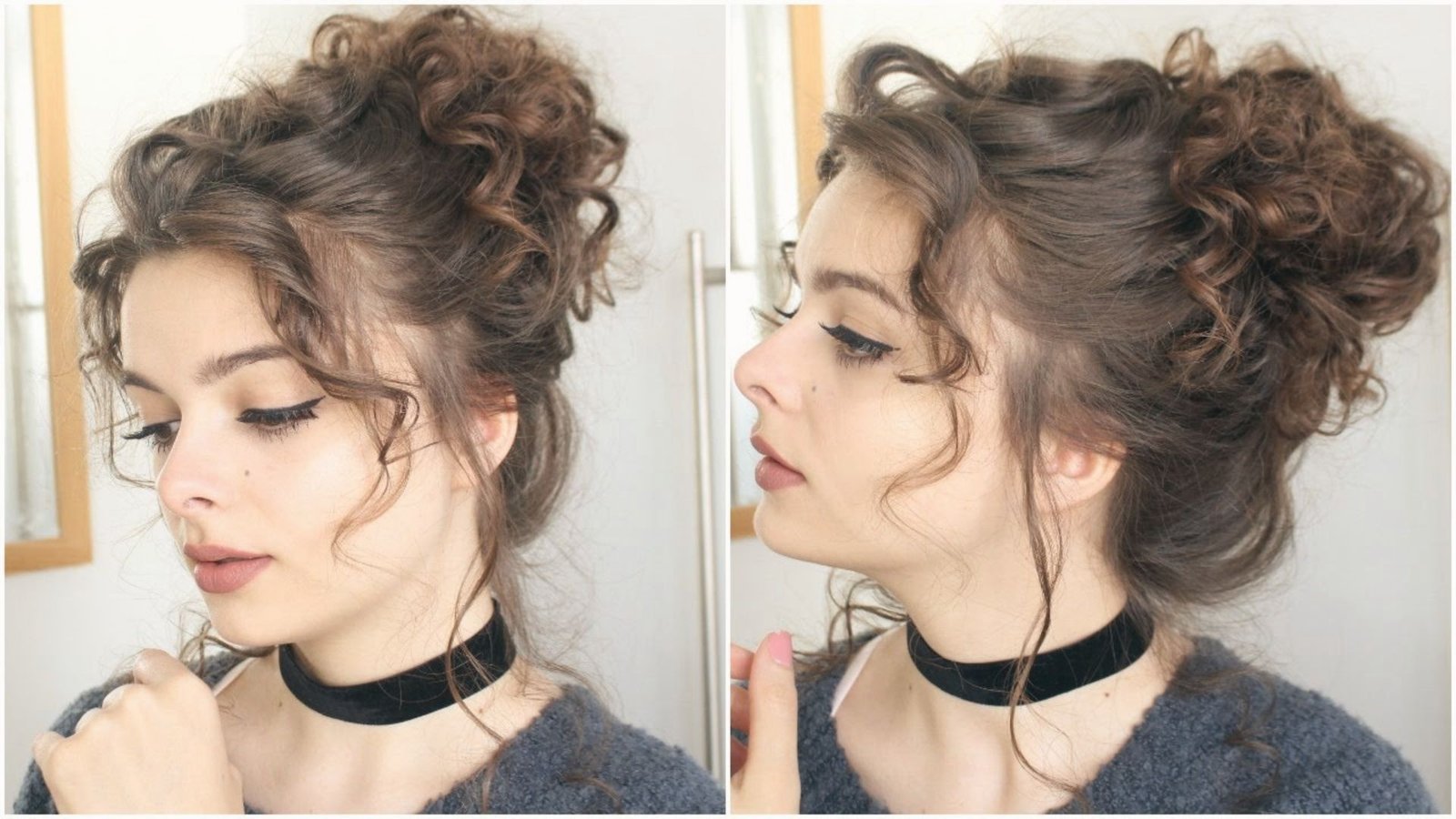 A woman with curly hair styled in a messy bun, featuring voluminous bangs framing her face.
