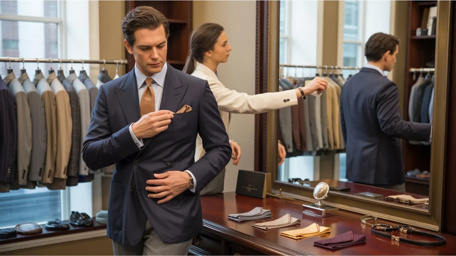 A man in a dark suit checks his pocket square, standing in a sophisticated boutique. A woman in the background arranges suits on a rack, reflecting elegance.