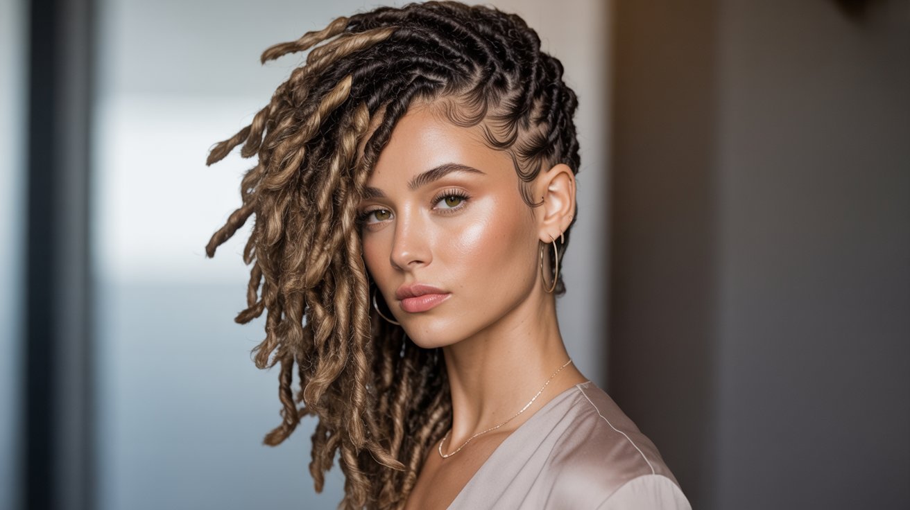 A woman with dreadlocks styled in an updo, exuding confidence and style.