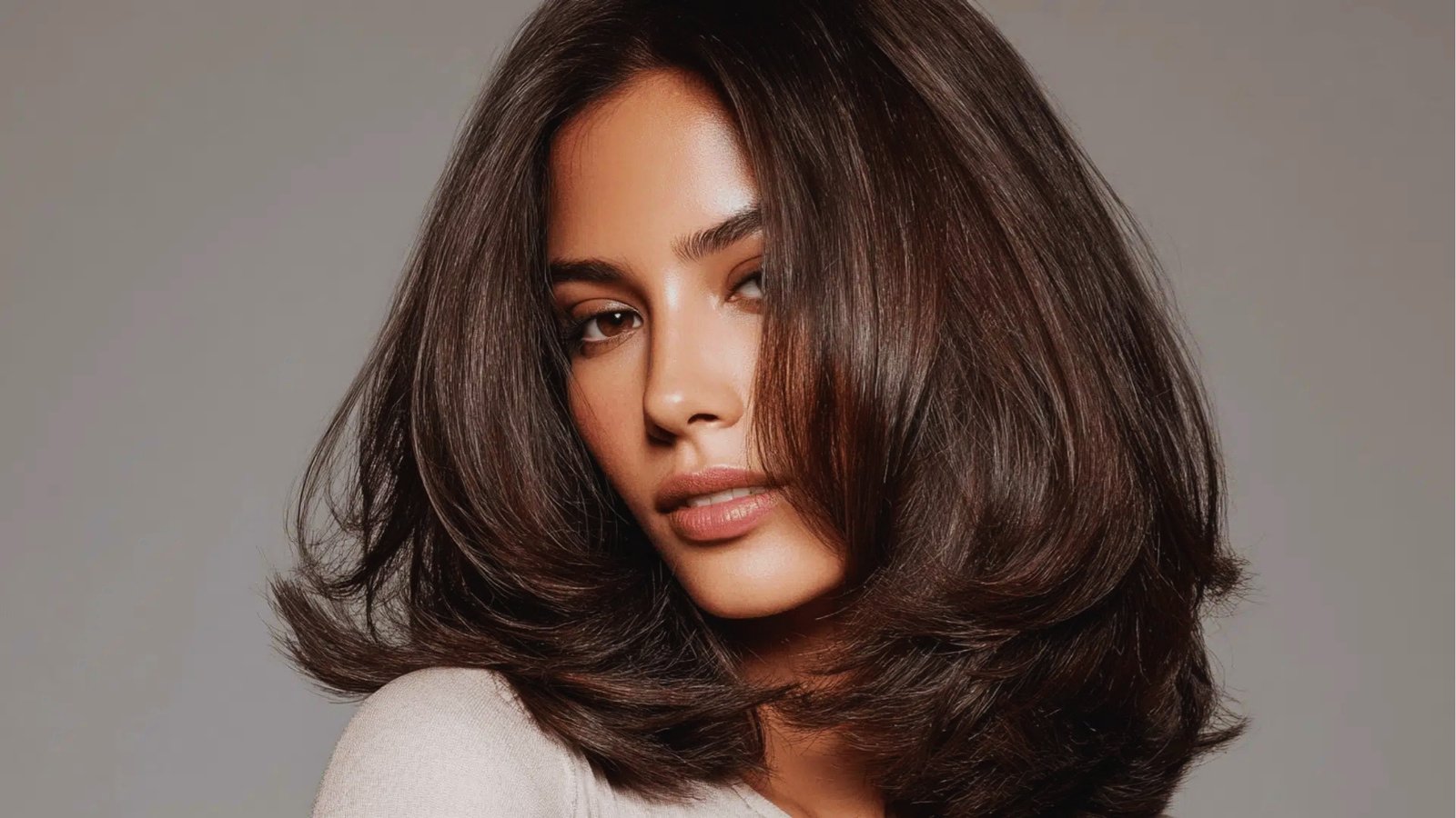 Sleek dark brown shoulder length haircut with curved ends and face-framing layers