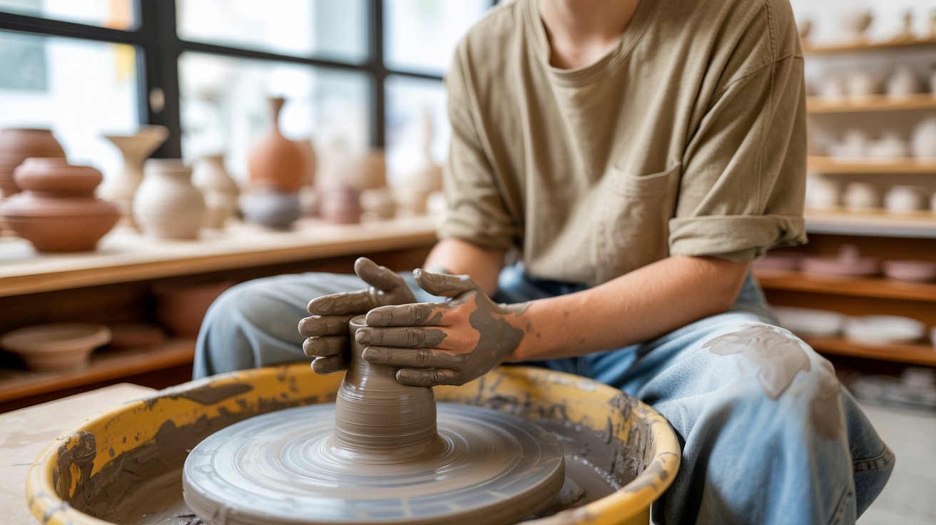 Person shaping wet clay on a pottery wheel in a sunlit workshop. Shelves with finished pots in the background create a calm and focused atmosphere.