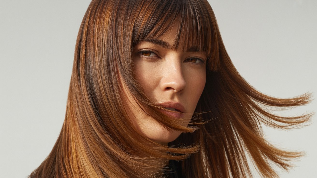 A woman with long, caramel-highlighted hair and curtain bangs, showcasing a stylish layered haircut.
