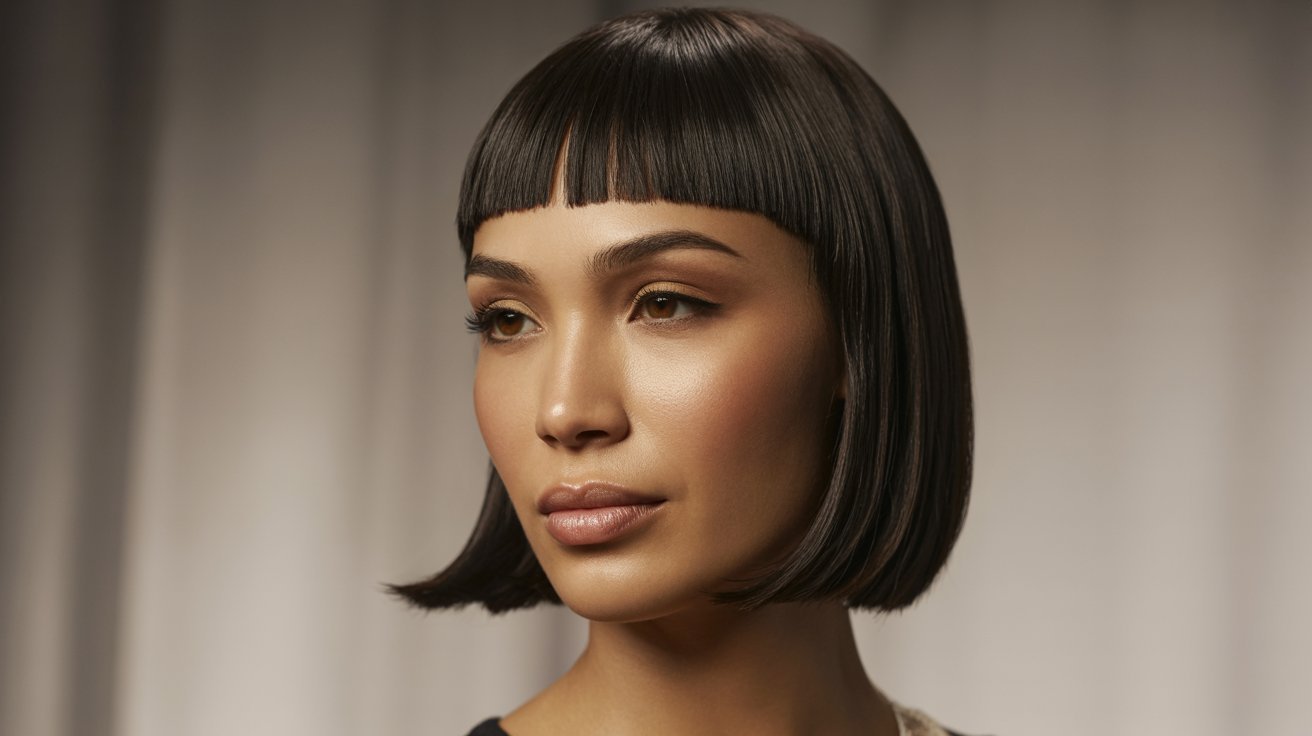  A woman with a short bob haircut featuring cropped bangs, showcasing a stylish and modern look.
