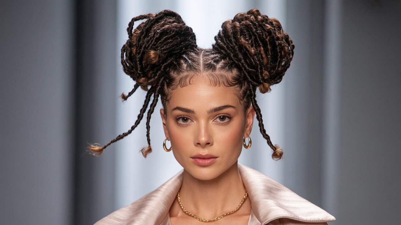 A model with dreadlocks styled in space buns walks confidently down the runway, showcasing a proper hair fashion.