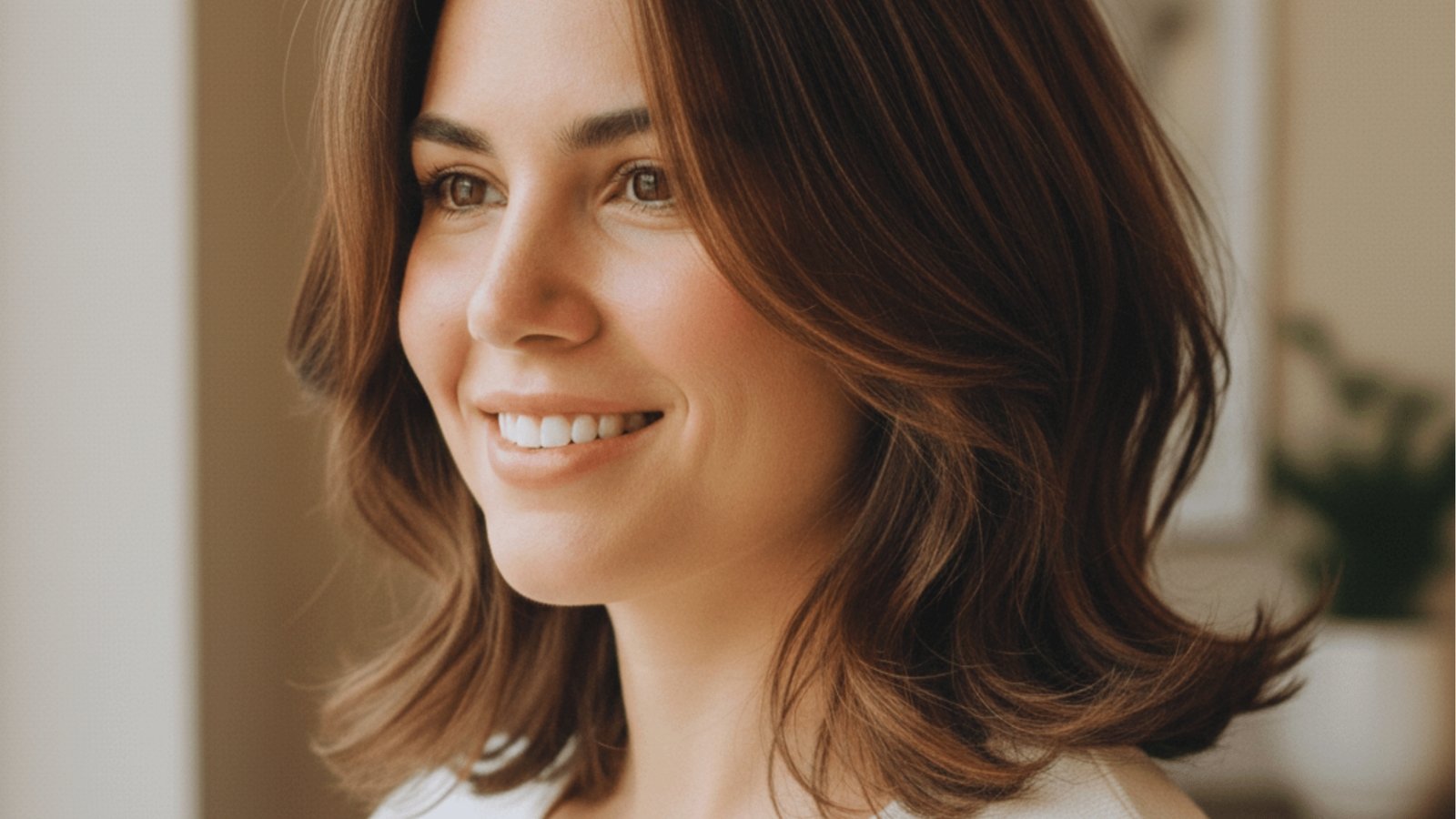 Low maintenance wavy medium length layered bob with side-swept face-framing layers and soft flipped ends on warm brown hair for round face