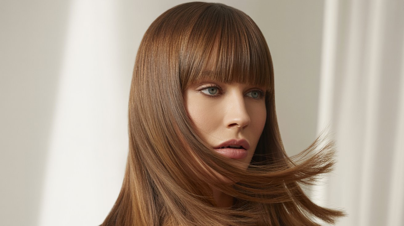 A woman with long brown hair styled in classic layers, featuring straight hair and curtain bangs framing her face.

