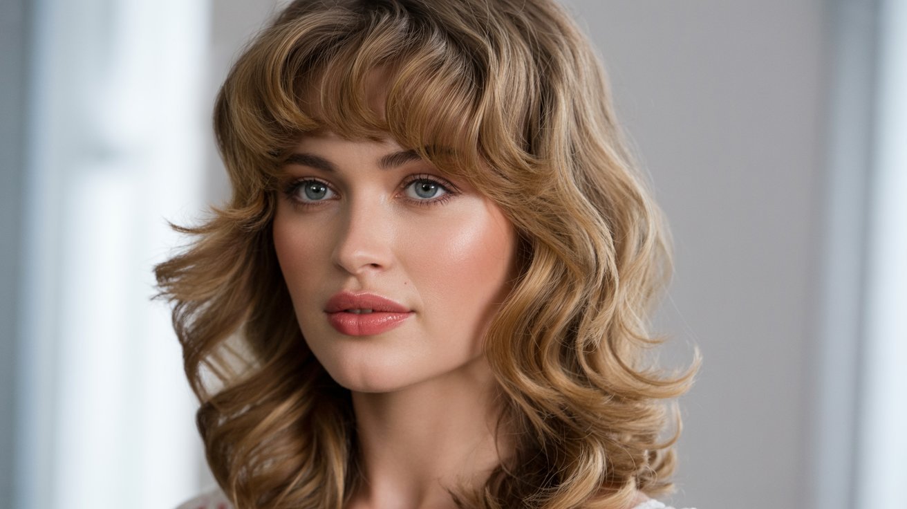 A woman with long wavy hair and blue eyes, showcasing a stylish look with wavy bangs.
