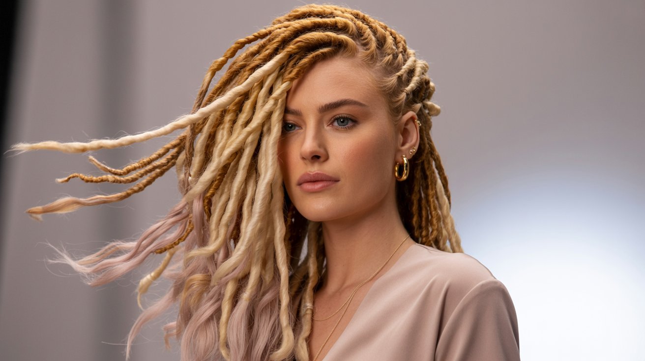 A woman with blonde faux locs and a gold chain, showcasing a stylish hair ideas look.
