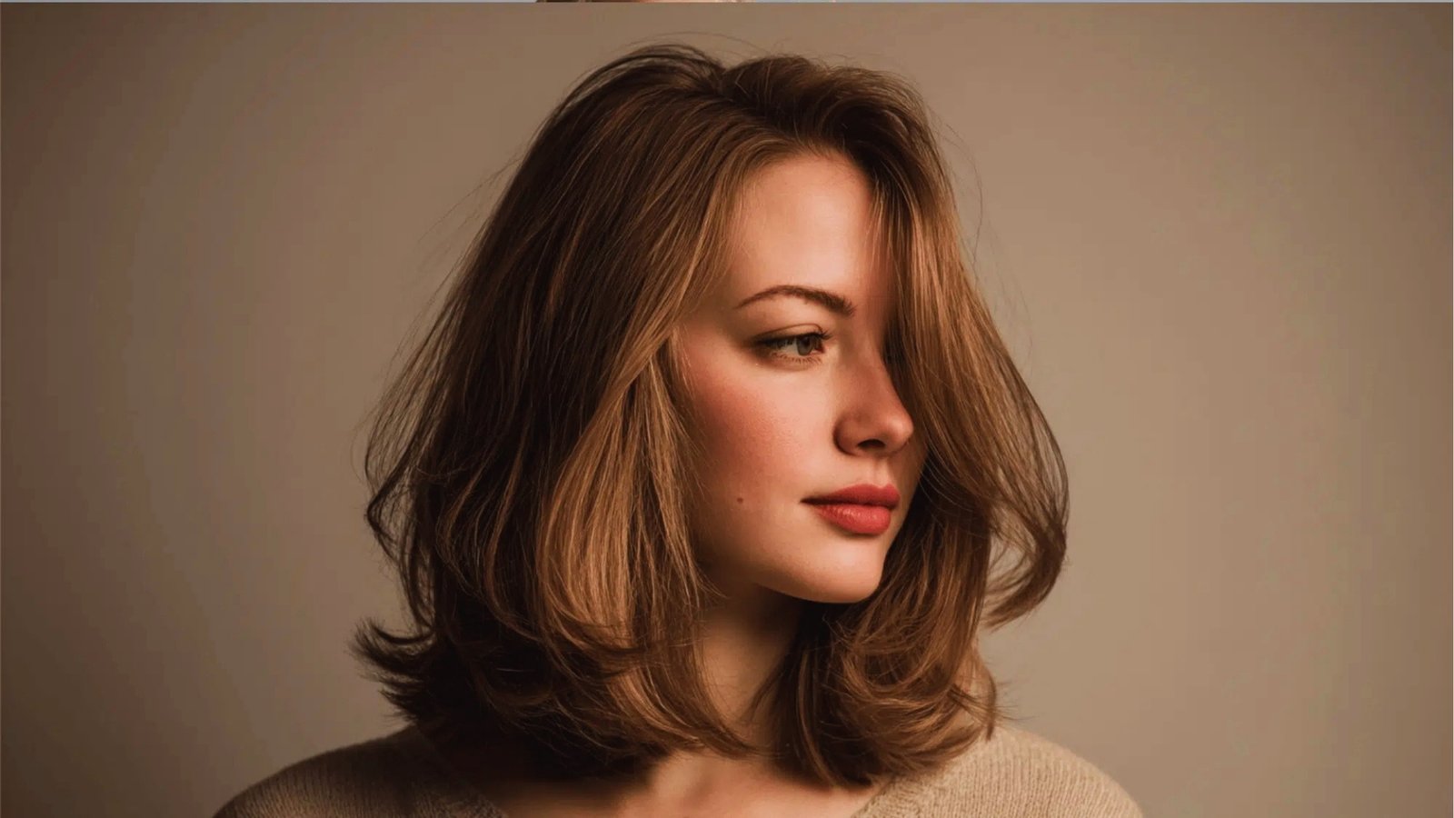 Side profile of woman with voluminous shoulder length haircut featuring soft layers and face-framing volume on light brown hair